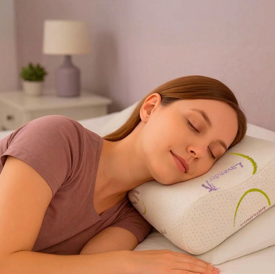 mujer durmiendo, en posición lateral, con la cabeza sobre almohada ortopédica de memory foam con contorno cervical sobre cama blanca