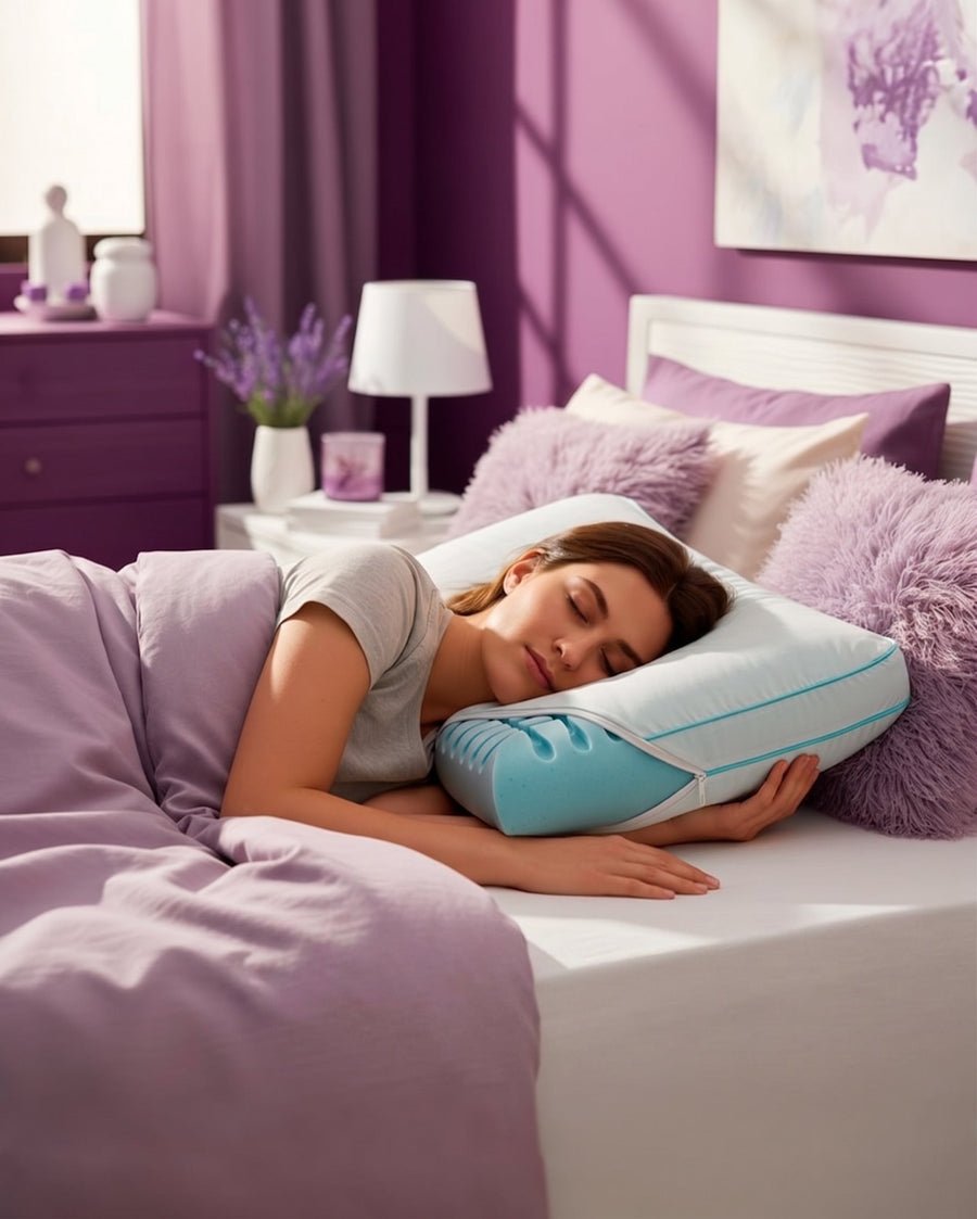 mujer joven durmiendo con almohada Roomi SmartBlocks sobre cama en departamento moderno