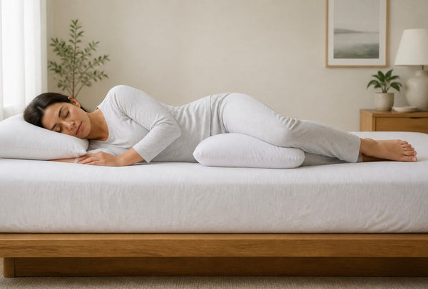 Persona durmiendo de lado correctamente con columna alineada y almohada entre rodillas