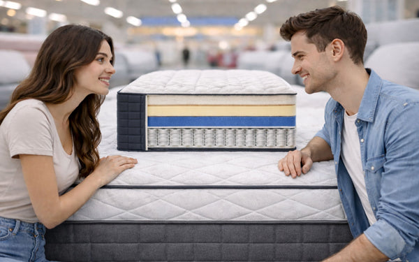 Pareja observando una muestra de cómo están formados los colchones híbridos con capas sobre un colchón en una tienda.