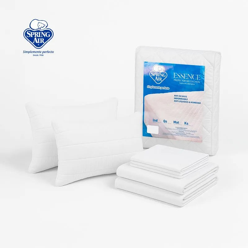 Set Protector Essence + 2 Pack Almohadas Peach + Sabanas Blancas